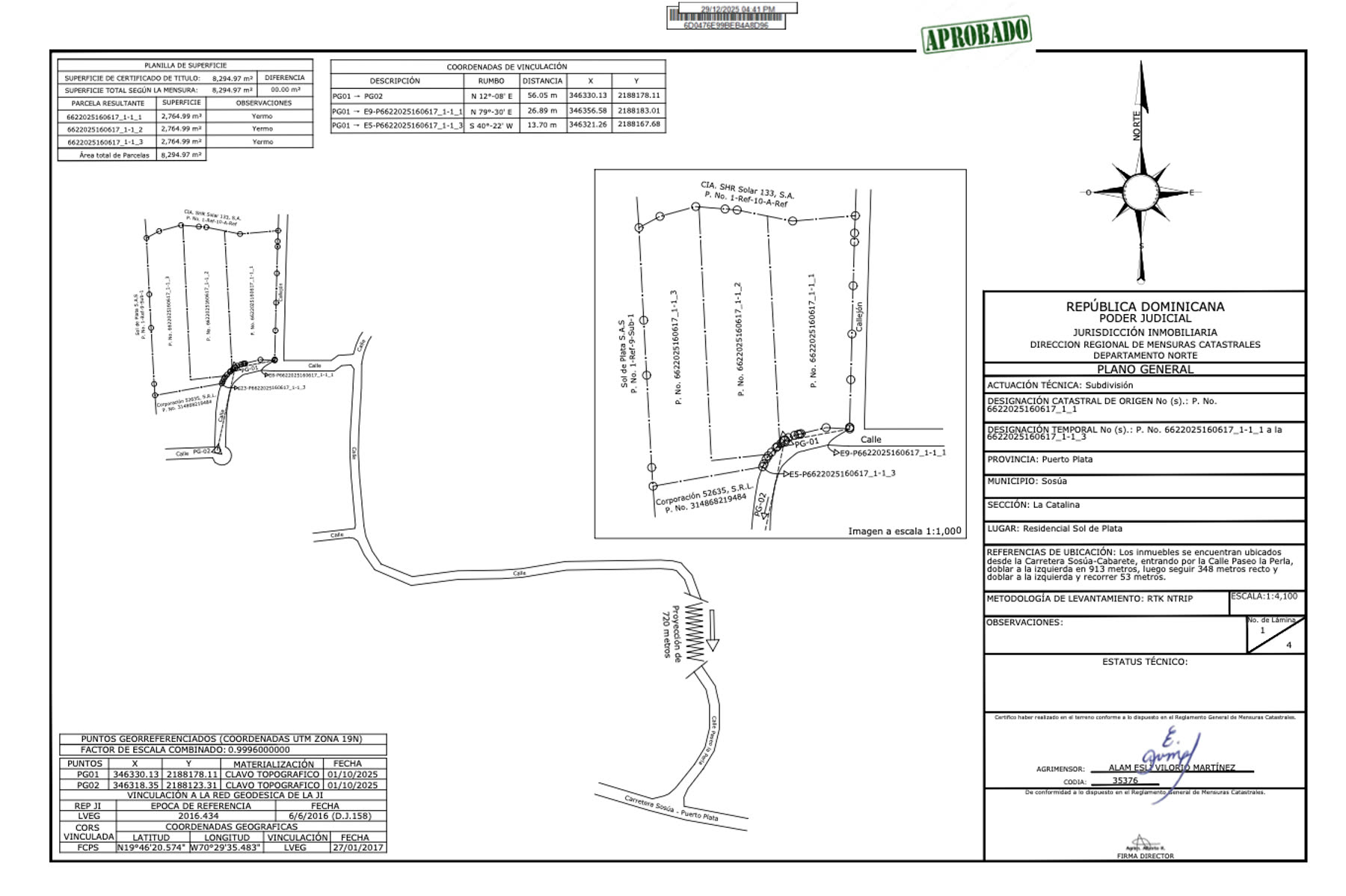 Official plano ilustrativo — the three lots outlined on the survey map